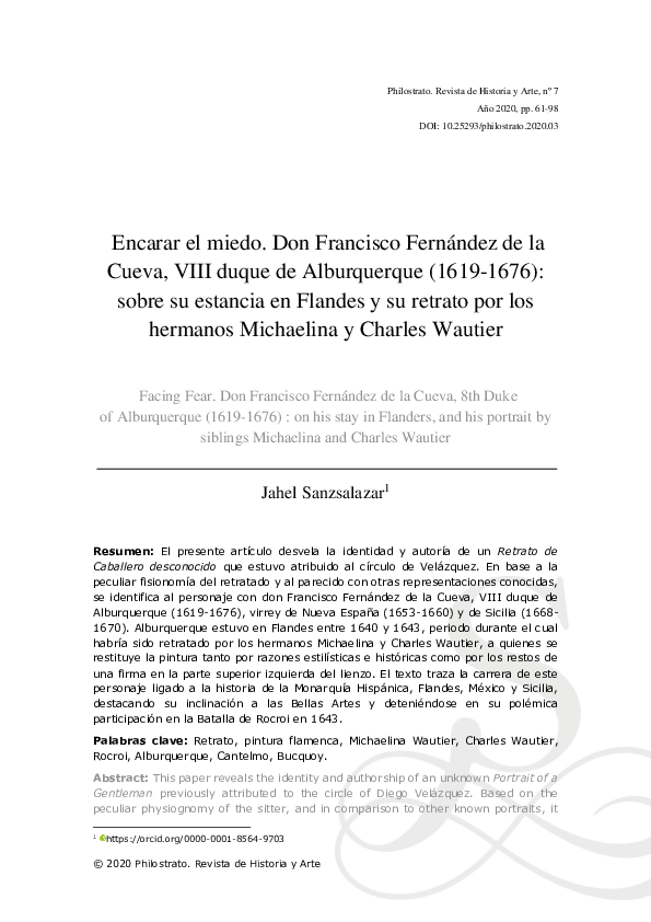 First page of “Encarar el miedo: Don Francisco Fernández de la Cueva, VIII duque de Alburquerque (1619-1676), Virrey de Nueva España y de Sicilia; sobre su estancia en Flandes y su retrato por los hermanos Michaelina y Charles Wautier”