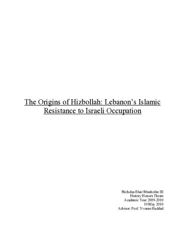 First page of “The Origins of Hizbollah: Lebanon’s Islamic Resistance to Israeli Occupation”