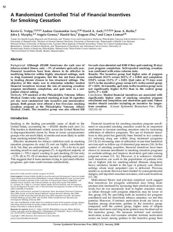 First page of “A Randomized Controlled Trial of Financial Incentives for Smoking Cessation”