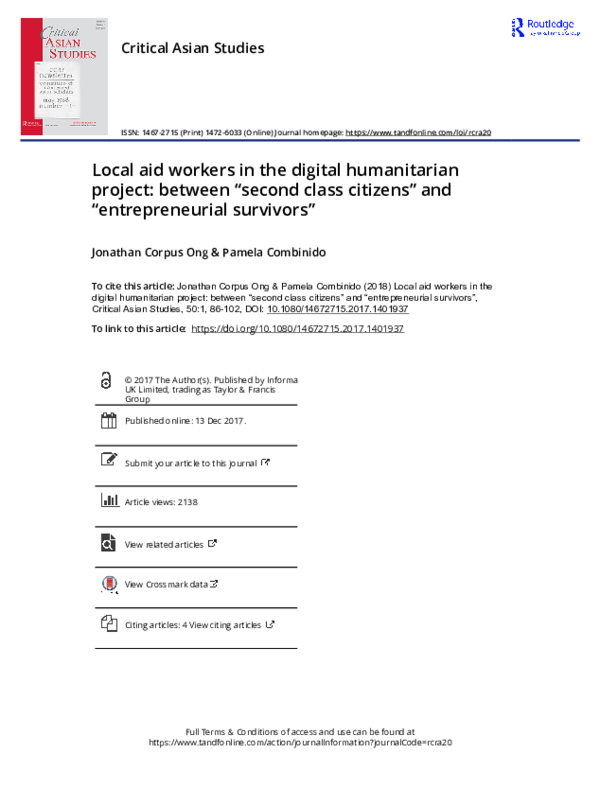 First page of “Local aid workers in the digital humanitarian project: between “second class citizens” and “entrepreneurial survivors””