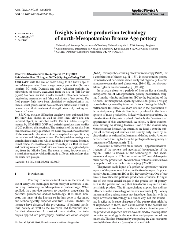 First page of “Insights into the production technology of north-Mesopotamian Bronze Age pottery”