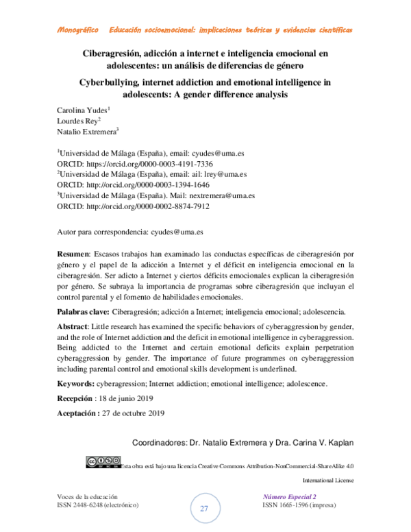 First page of “Ciberagresión, adicción a internet e inteligencia emocional en adolescentes: un análisis de diferencias de género”