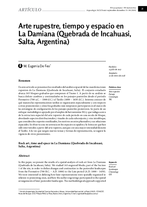 First page of “Arte rupestre, tiempo y espacio en La Damiana (Quebrada de Incahuasi, Salta, Argentina)”