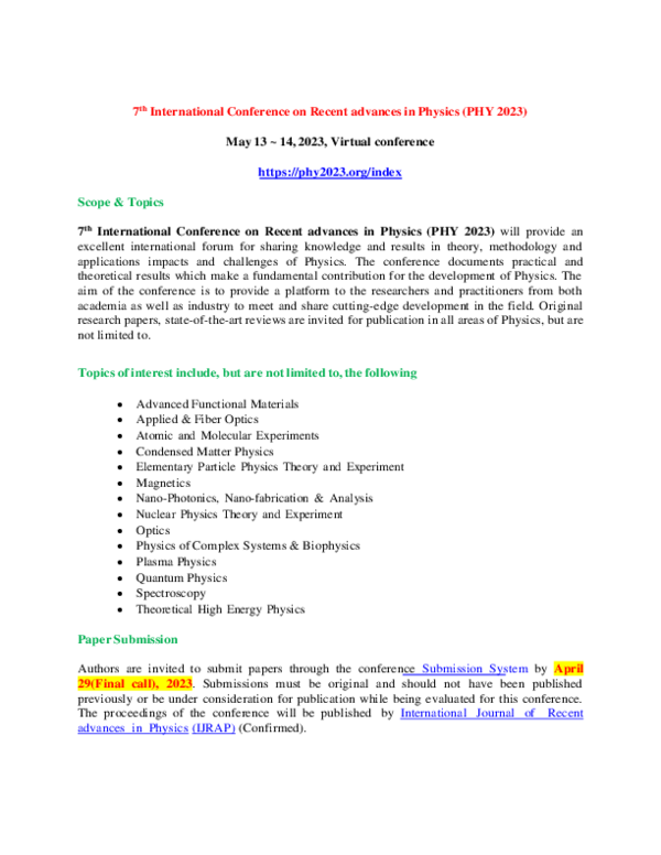 First page of “Call for papers -7th International Conference on Recent advances in Physics (PHY 2023)”