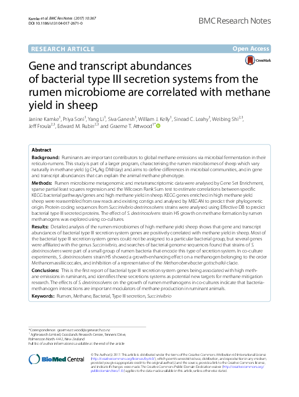 First page of “Gene and transcript abundances of bacterial type III secretion systems from the rumen microbiome are correlated with methane yield in sheep”