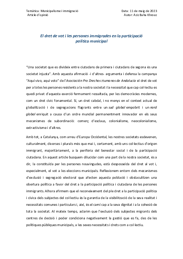 First page of “El dret de vot i les persones immigrades en la participació política municipal”