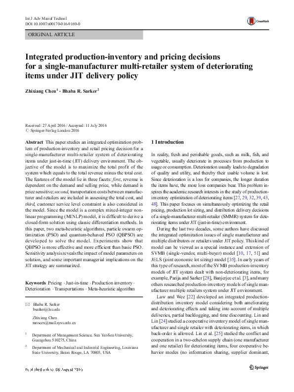 First page of “Integrated production-inventory and pricing decisions for a single-manufacturer multi-retailer system of deteriorating items under JIT delivery policy”