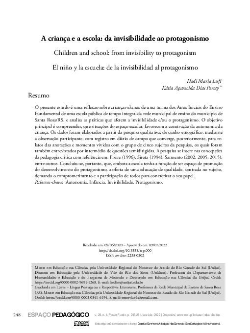 First page of “A criança e a escola: da invisibilidade ao protagonismo”