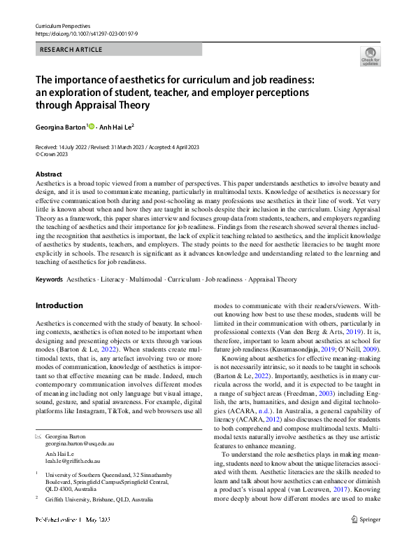 First page of “The importance of aesthetics for curriculum and job readiness: an exploration of student, teacher, and employer perceptions through Appraisal Theory”