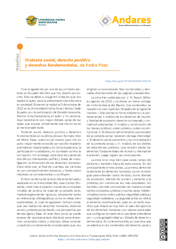 First page of “Reseña: Protesta social, derecho punitivo y derechos fundamentales, de Pedro Páez”