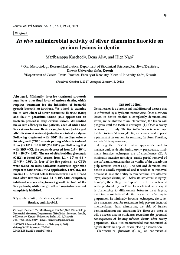 First page of “In vivo antimicrobial activity of silver diammine fluoride on carious lesions in dentin”