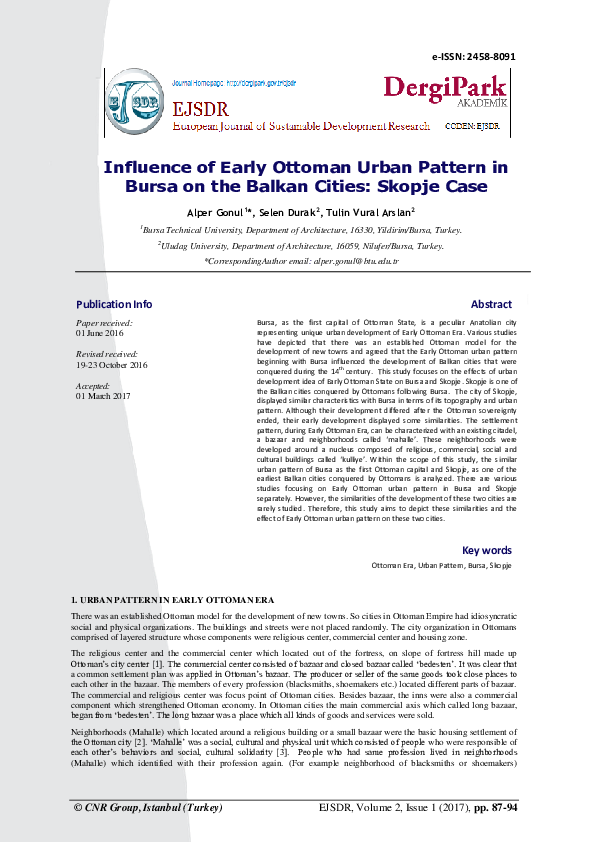 First page of “Influence of Early Ottoman Urban Pattern in Bursa on the Balkan Cities: Skopje Case”