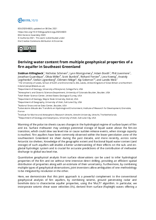 First page of “Deriving water content from multiple geophysical properties of a firn aquifer in Southeast Greenland”