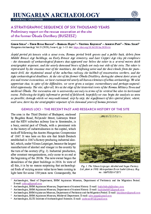 First page of “A stratigraphic sequence of six thousand years : Preliminary report on the rescue excavation at the site of the former Óbuda Distillery (BUSZESZ)”