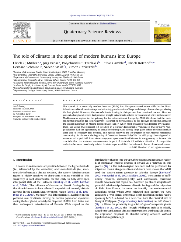 First page of “The role of climate in the spread of modern humans into Europe”