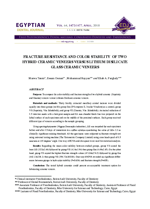 First page of “Fracture RESISTANCE and Color Stability of two hybrid ceramic veneers VERSUS LITHIUM DISILICATE GLASS CERAMIC VENEERS”