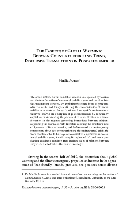 First page of “The Fashion of Global Warming: Between Counterculture and Trend, Discursive Translations in Post-consumerism”