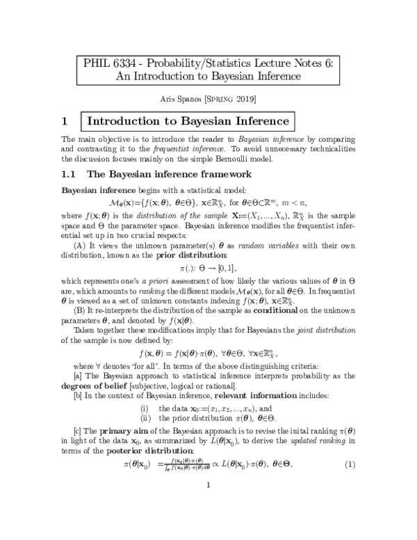 First page of “PHIL 6334-Probability/Statistics Lecture Notes 6: An Introduction to Bayesian Inference”