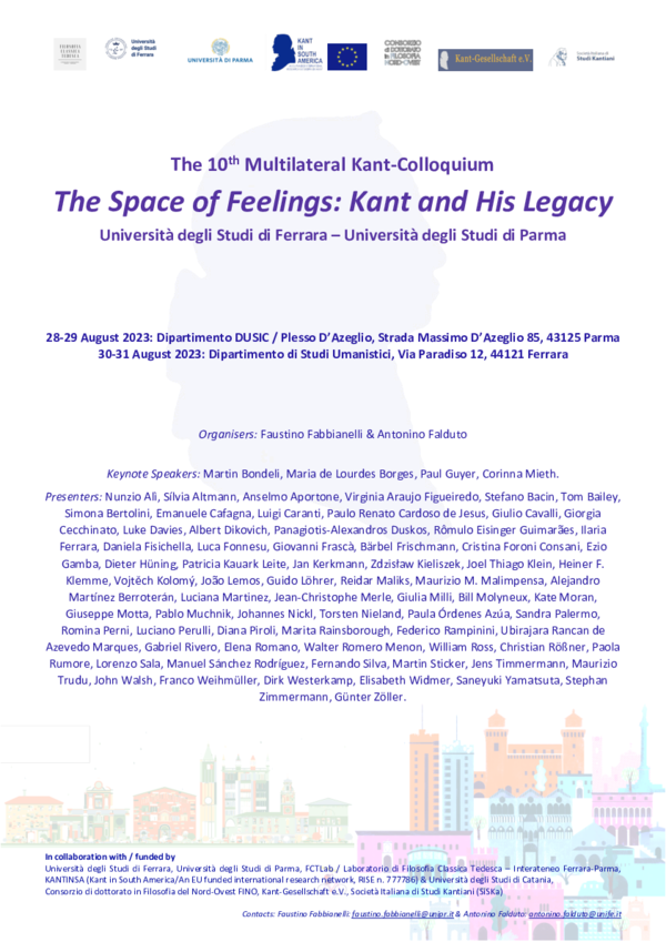 First page of “The 10th Multilateral Kant-Colloquium: "The Space of Feelings: Kant and His Legacy" (Parma/Ferrara, 28-31 August 2023)”