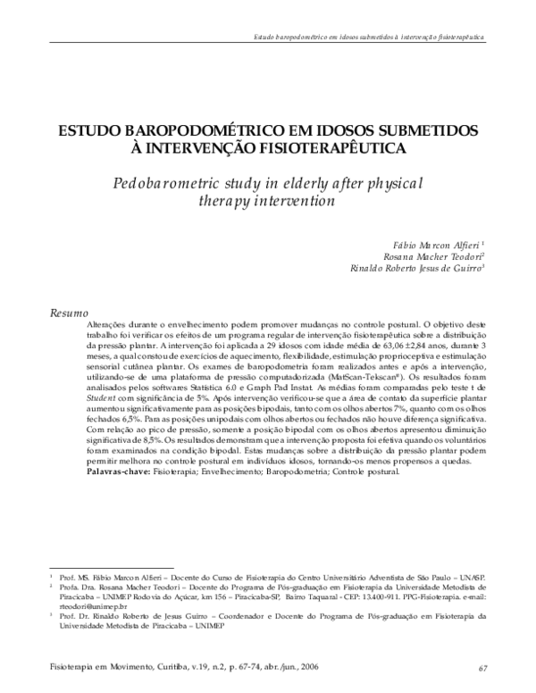 First page of “Estudo baropodométrico em idosos submetidos à intervenção fisioterapeutica”