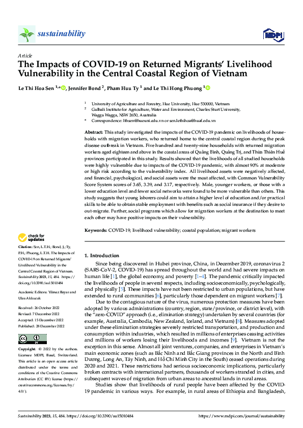 First page of “The Impacts of COVID-19 on Returned Migrants’ Livelihood Vulnerability in the Central Coastal Region of Vietnam”