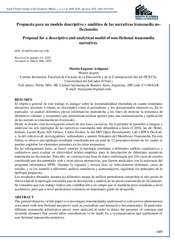 First page of “Propuesta para un modelo descriptivo y analítico de las narrativas transmedia no-ficcionales”