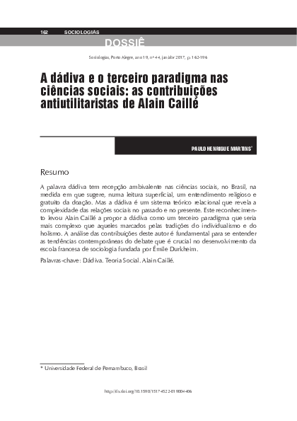 First page of “A dádiva e o terceiro paradigma nas ciências sociais: as contribuições antiutilitaristas de Alain Caillé”