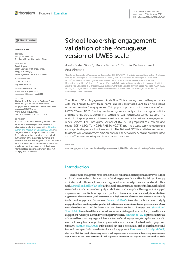 First page of “School leadership engagement: validation of the Portuguese version of UWES scale”