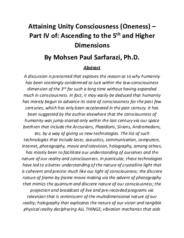 First page of “Attaining Unity Consciousness (Oneness) -Part IV of: Ascending to the 5th and Higher Dimensions”