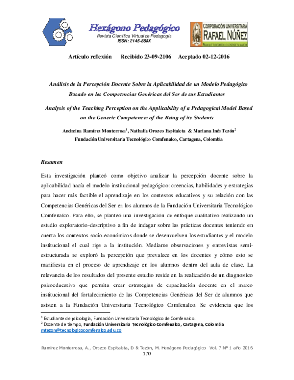 First page of “Análisis de la Percepción Docente sobre la Aplicabilidad de un Modelo Pedagógico Basado en las Competencias Genéricas del ser de sus Estudiantes”