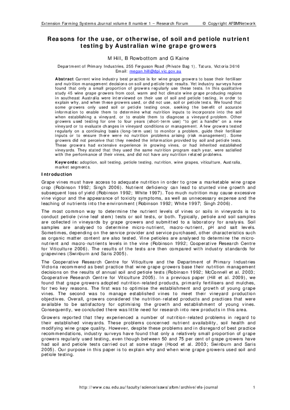 First page of “Reasons for the use, or otherwise, of soil and petiole nutrient testing by Australian wine grape growers”