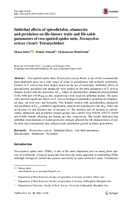 First page of “Sublethal effects of spirodiclofen, abamectin and pyridaben on life-history traits and life-table parameters of two-spotted spider mite, Tetranychus urticae (Acari: Tetranychidae)”