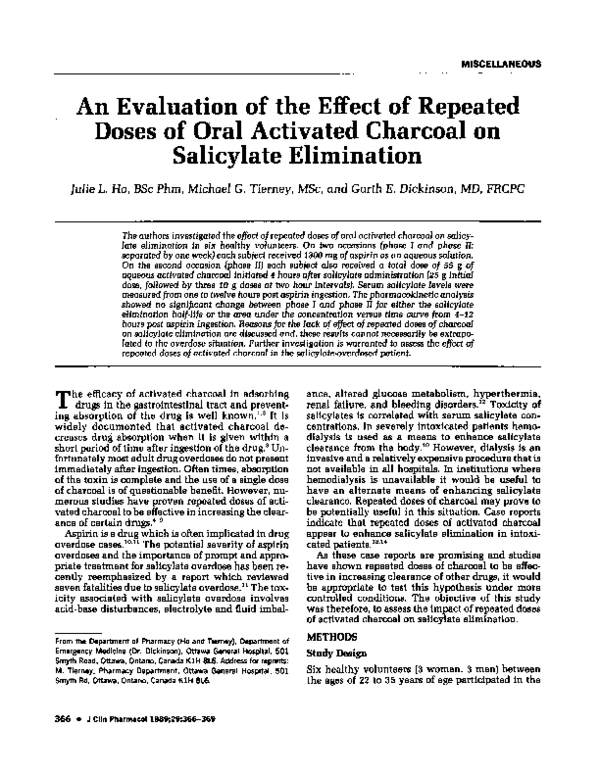 First page of “An Evaluation of the Effect of Repeated Doses of Oral Activated Charcoal on Salicylate Elimination”