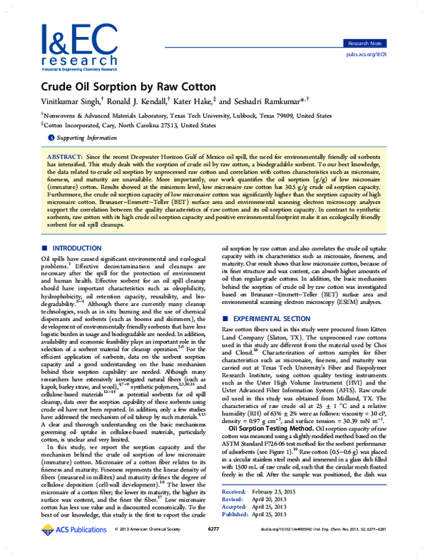 First page of “Crude Oil Sorption by Raw Cotton”