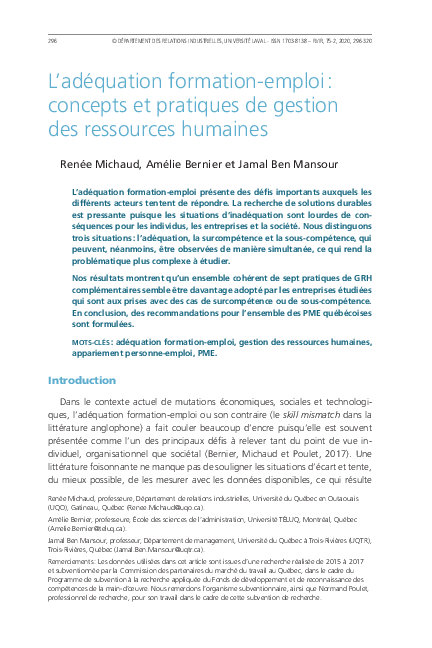 First page of “L'adéquation formation-emploi : concepts et pratiques de gestion des ressources humaines”