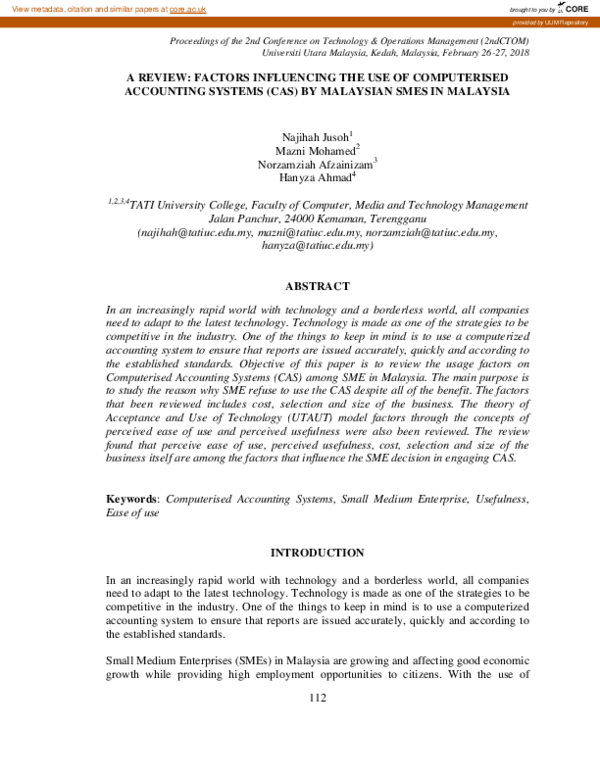 First page of “A review factors influencing the use of Computerised Accounting Systems (CAS) by Malaysian SMES in Malaysia”