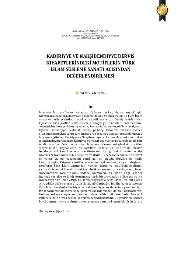 First page of “KADIRIYYE VE NAKSIBENDIYYE DERVIS KIYAFETLERINDEKI MOTIFLERIN TURK ISLAM SUSLEME SANATI ACISINDAN DEGERLENDIRILMESI”