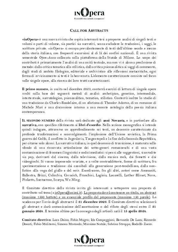 First page of “Call in Opera secondo numero”