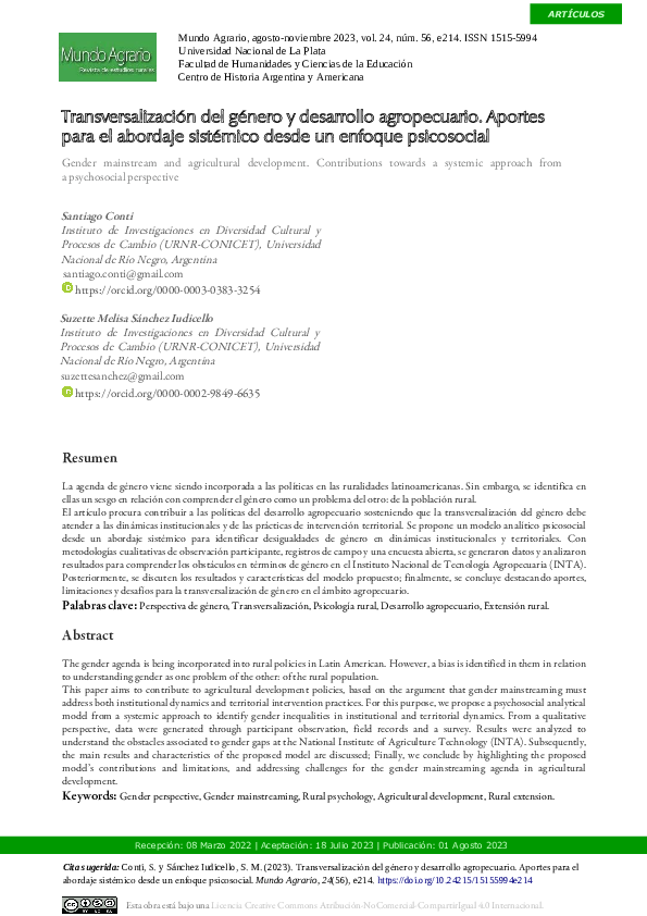 First page of “Transversalización del género y desarrollo agropecuario. Aportes
para el abordaje sistémico desde un enfoque psicosocial”