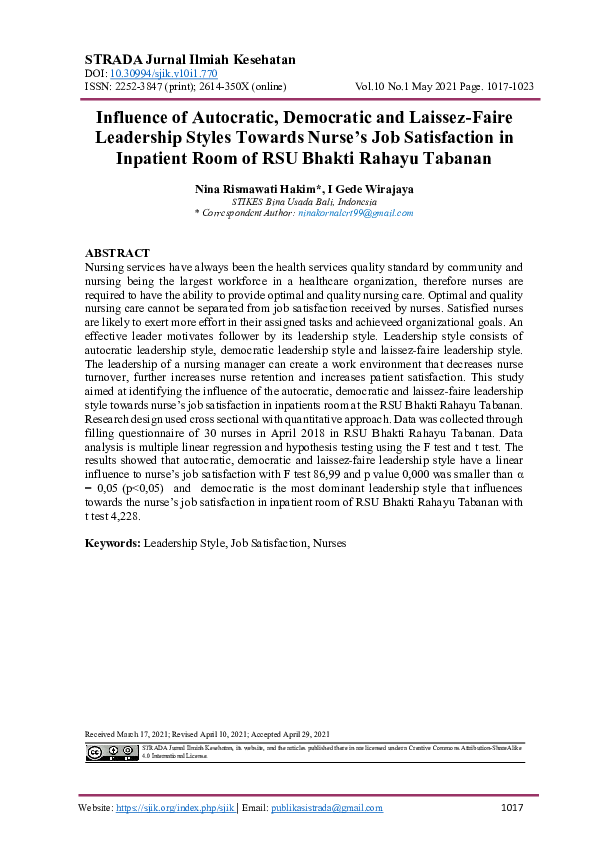 First page of “Influence of Autocratic, Democratic and Laissez-Faire Leadership Styles Towards Nurse’s Job Satisfaction in Inpatient Room of RSU Bhakti Rahayu Tabanan”