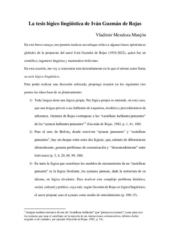 First page of “La tesis lógico lingüística de Iván Guzmán de Rojas”