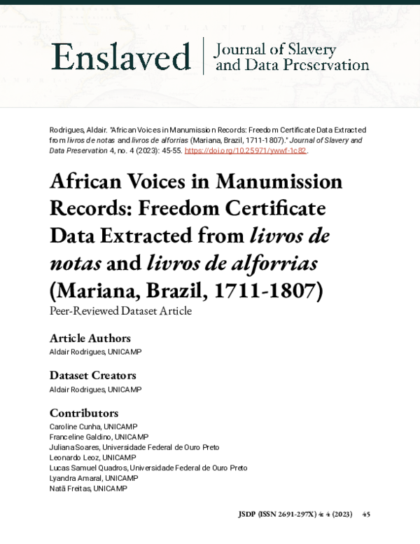 First page of “African Voices in Manumission Records: Freedom Certificate Data Extracted from livros de notas and livros de alforrias (Mariana, Brazil, 1711-1807)”