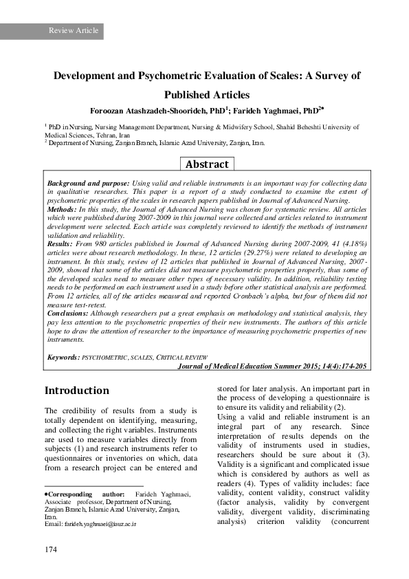 First page of “Development and Psychometric Evaluation of Scales: A Survey of Published Articles”