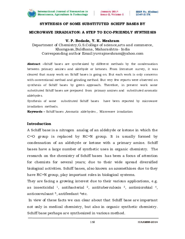 First page of “Synthesis of Some Substituted Schiff Bases by Microwave Irradiaton: A Step to Eco-Friendly Synthesis”