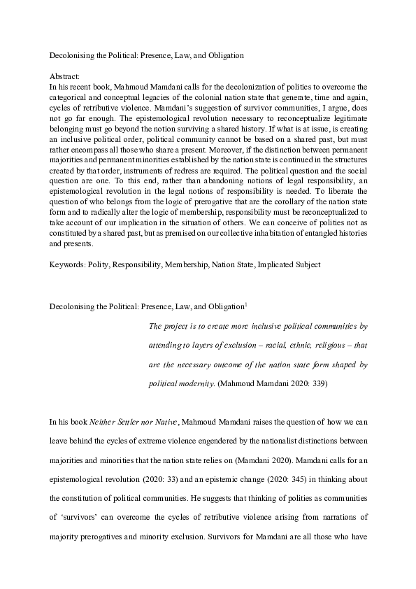 First page of “Decolonising the Political: Presence, Law, and Obligation”