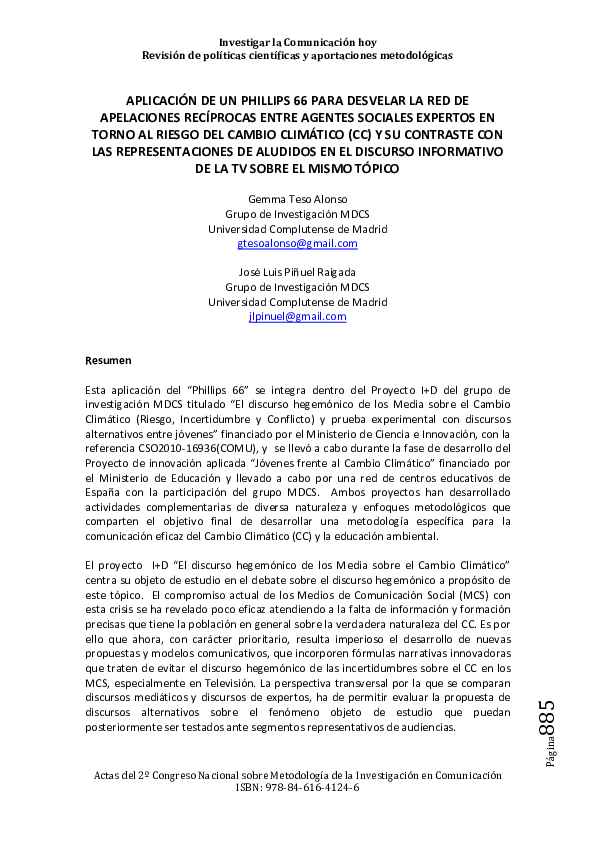 First page of “Aplicación de un Phillips 66 para desvelar la red de apelaciones recíprocas entre agentes sociales expertos en torno al riesgo del cambio climático y su contraste con las representaciones de aludidos en el discurso informativo de la TV sobre el mismo tópico”