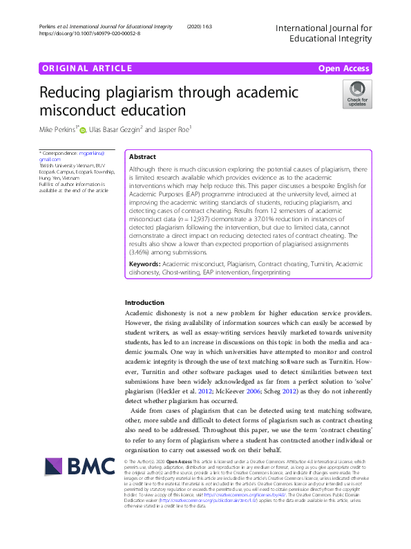 First page of “Reducing plagiarism through academic misconduct education”