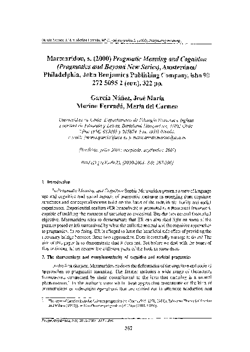 First page of “Marmaridou, S. (2000), "Pragmatic Meaning and Cognition (Pragmatics and Beyont New Series)", Amsterdam/Philadelphia, John Benjamins Publishing Company, ISBN 90 272 5095 2 (Eur.), 322 pp”