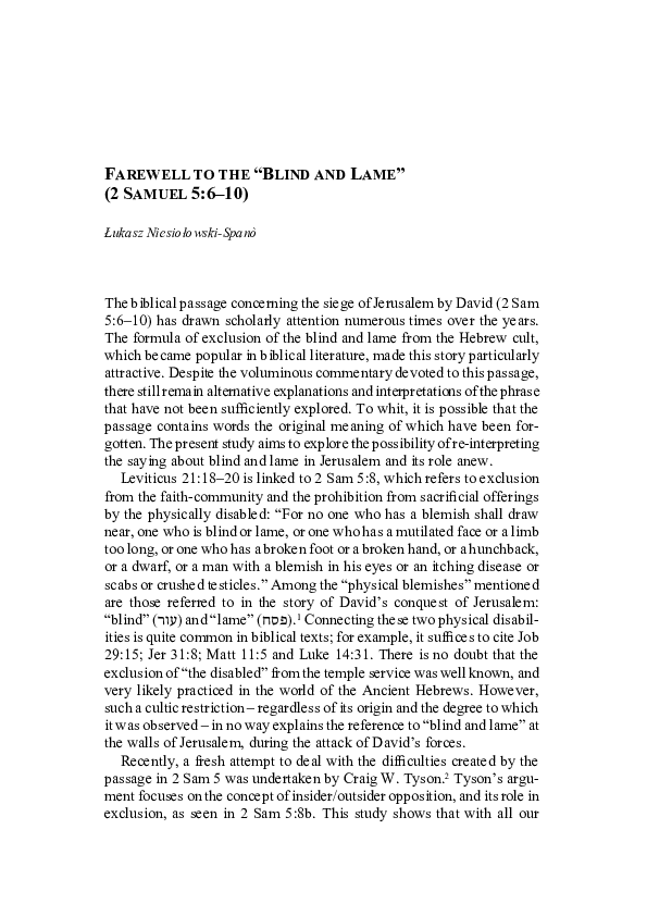 First page of “Farewell to the 'Blind and Lame' (2 Samuel 5:6-10)”