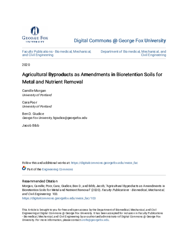 First page of “Agricultural Byproducts as Amendments in Bioretention Soils for Metal and Nutrient Removal”